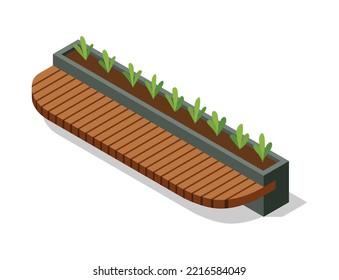 Isometric benche icon. Eco street seating. Modern design element with flower bed in city park. Place for rest, relaxation and picnic or meeting friends