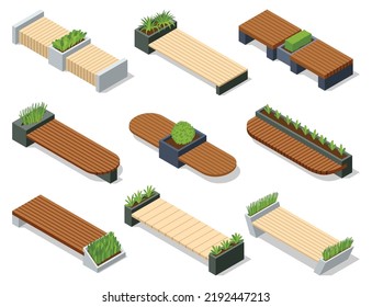 Isometric benches icon set. Eco street seating. Modern design element with flower bed in city park. Place for rest, relaxation and picnic or meeting friends