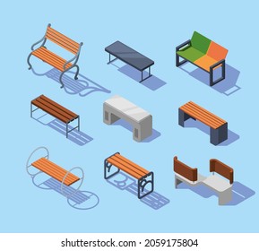 Isometric benches. Urban outdoor modern city furniture comfort wooden benches garish vector pictures isolated