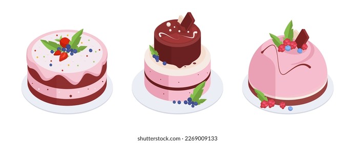 Isometric berry cakes. Tasty vanilla pastry desserts with pink berry frosting, raspberry or strawberry glazed cakes 3d vector illustration