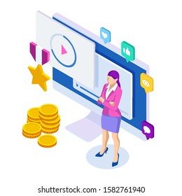 Isometric best video watching, Cinema reputation, video rating concept. Woman using a modern laptop computer to connect with live streaming videos on social network.