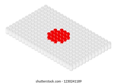 Isometric beverage can in row, Japan national flag shape concept design illustration isolated on white background, Editable stroke