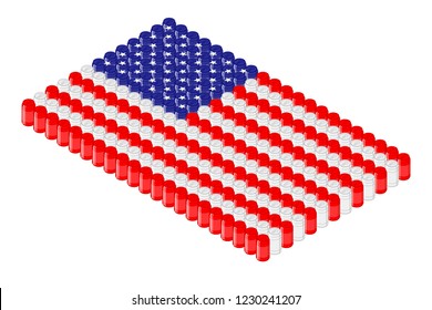 Isometric beverage can in row, United States national flag shape concept design illustration isolated on white background, Editable stroke