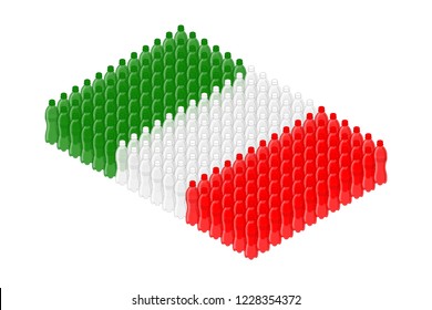 Isometric beverage plastic bottle in row, Italy national flag shape concept design illustration isolated on white background, Editable stroke
