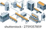 Isometric beverage production line vector illustration with bottling plant conveyor system filling machines packaging equipment and industrial factory automation process