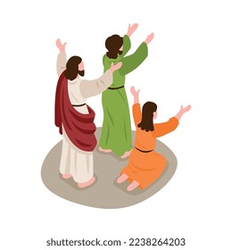 Isometric bible narratives composition with ancient christian characters in mythical scene vector illustration