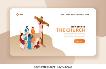 Isometric bible narratives horizontal banner landing page website design with text christ crucified and prayer characters vector illustration
