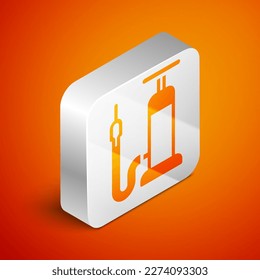 Isometric Bicycle air pump icon isolated on orange background. Silver square button. Vector