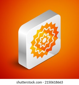 Isometric Bicycle cassette mountain bike icon isolated on orange background. Rear Bicycle Sprocket. Chainring crankset with chain. Silver square button. Vector