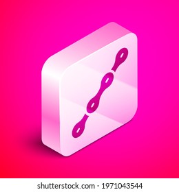 Isometric Bicycle chain icon isolated on pink background. Bike chain sprocket transmission. Silver square button. Vector