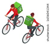 Isometric bicycle courier, Express delivery service. Courier on bicycle with parcel box on the back delivering food In city. Ecological fast delivery. City Food delivery service. Online ordering.