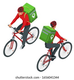 Isometric bicycle courier, Express delivery service. Courier on bicycle with parcel box on the back delivering food In city. Ecological fast delivery. City Food delivery service. Online ordering.