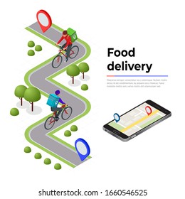 Isometric bicycle courier, Express delivery service. Courier on bicycle with parcel box on the back delivering food In city. Ecological fast delivery. City Food delivery service. Online ordering.