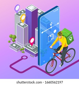 Isometric bicycle courier, Express delivery service. Courier on bicycle with parcel box on the back delivering food In city. Ecological fast delivery. City Food delivery service. Online ordering.
