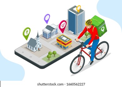 Isometric bicycle courier, Express delivery service. Courier on bicycle with parcel box on the back delivering food In city. Ecological fast delivery. City Food delivery service. Online ordering.