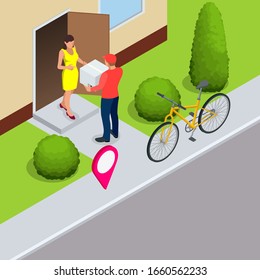 Isometric bicycle courier, Express delivery service. Courier on bicycle with parcel box on the back delivering food In city. Ecological fast delivery. City Food delivery service. Online ordering.