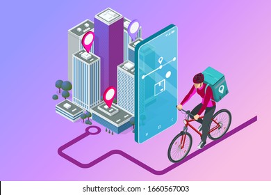 Isometric bicycle courier, Express delivery service. Courier on bicycle with parcel box on the back delivering food In city. Ecological fast delivery. City Food delivery service. Online ordering.