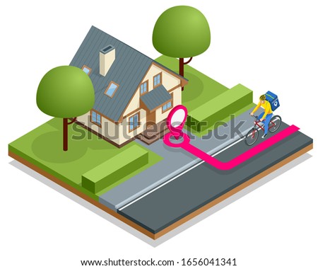 Isometric bicycle courier, Express delivery service. Courier on bicycle with parcel box on the back delivering food In city. Ecological fast delivery. City Food delivery service. Online ordering.