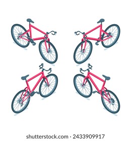 isometric bicycle from different angles, in color on a white background, ecological vehicle or grevel