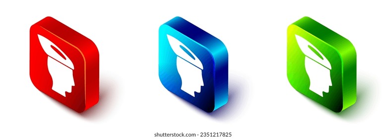 Isometric Bicycle helmet icon isolated on white background. Extreme sport. Sport equipment. Red, blue and green square button. Vector