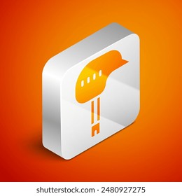 Isometric Bicycle helmet icon isolated on orange background. Extreme sport. Sport equipment. Silver square button. Vector