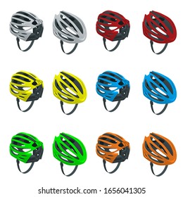 Isometric bicycle helmets icons set. Bike helmet front and back view isolated on a white background