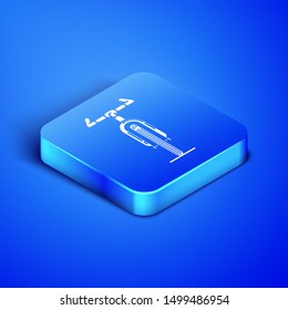 Isometric Bicycle icon isolated on blue background. Bike race. Extreme sport. Sport equipment. Blue square button. Vector Illustration