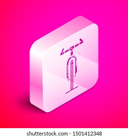 Isometric Bicycle icon isolated on pink background. Bike race. Extreme sport. Sport equipment. Silver square button. Vector Illustration