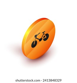 Isometric Bicycle icon isolated on white background. Bike race. Extreme sport. Sport equipment. Orange circle button. Vector