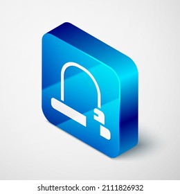 Isometric Bicycle lock Un icono industrial en forma de U aislado en el fondo gris. Botón cuadrado azul. Vector