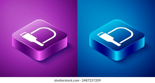 Isometric Bicycle lock U shaped industrial icon isolated on blue and purple background. Square button. Vector Illustration