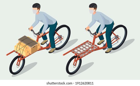 Isometric bicycle messenger making a delivery on a cargo bike; Set of bicycle messenger ride a cargo bike with a parcel box