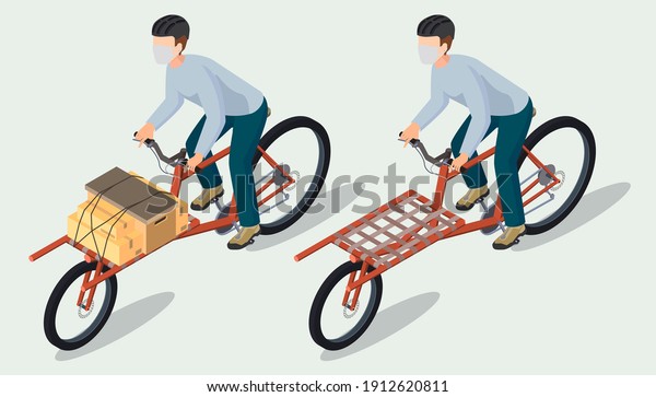 Isometric\
bicycle messenger making a delivery on a cargo bike; Set of bicycle\
messenger ride a cargo bike with a parcel\
box