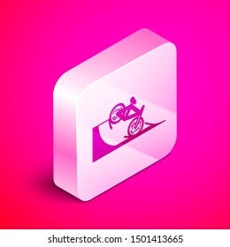 Isometric Bicycle on street ramp icon isolated on pink background. Skate park. Extreme sport. Sport equipment. Silver square button. Vector Illustration