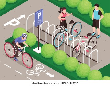 Isometric Bicycle Parking Composition With Outdoor Scenery Bike Path Human Characters And Rack For Parking Bicycles Vector Illustration