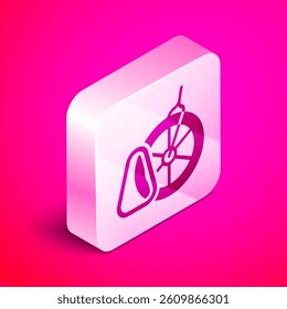 Isometric Bicycle parking icon isolated on pink background. Silver square button. Vector