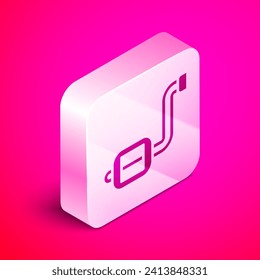 Isometric Bicycle pedal icon isolated on pink background. Silver square button. Vector