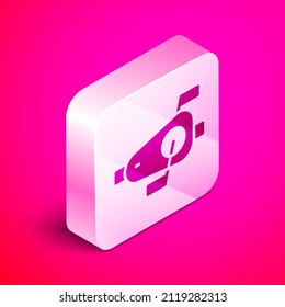Isometric Bicycle pedals icon isolated on pink background. Silver square button. Vector