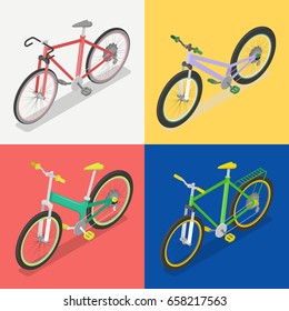 Isometric Bicycle Set with Extreme and Road Bike. City Transport. Vector flat 3d illustration