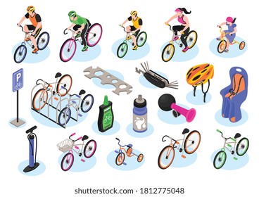 Isometric bicycle set of isolated icons of bike models and accessories cycling equipment and parking sign vector illustration