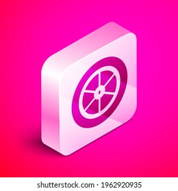 Isometric Bicycle wheel icon isolated on pink background. Bike race. Extreme sport. Sport equipment. Silver square button. Vector