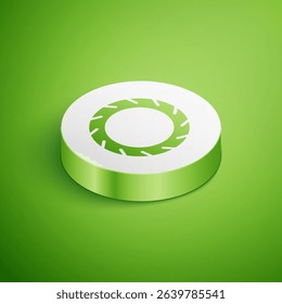 Isometric Bicycle wheel tire icon isolated on green background. Bike race. Extreme sport. Sport equipment. White circle button. Vector