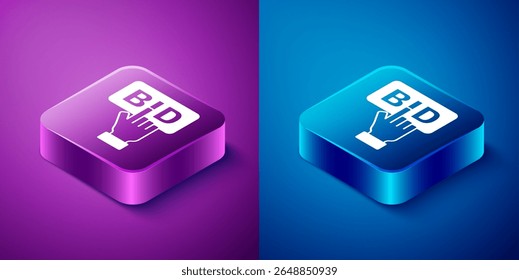 Ícone de Oferta Isométrica isolado no plano de fundo azul e roxo. Licitação em leilão. Venda e compradores. Botão quadrado. Vetor