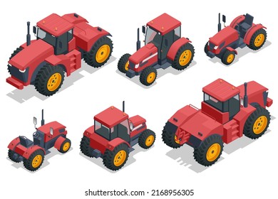 Isometric big agricultural tractor isolated on white, front and rear view. Used for pulling, pushing agricultural machinery, trailers, ploughing, tilling, disking, harrowing, planting