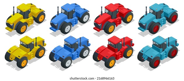 Isometric big agricultural tractor isolated on white, front and rear view. Used for pulling, pushing agricultural machinery, trailers, ploughing, tilling, disking, harrowing, planting