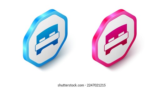 Isometric Big bed for two or one person icon isolated on white background. Hexagon button. Vector