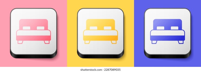 Isometric Big bed for two or one person icon isolated on pink, yellow and blue background. Square button. Vector