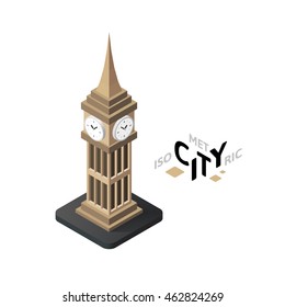 Isometric big ben flat icon isolated on white background, city infographic element, digital low poly graphic, vector illustration