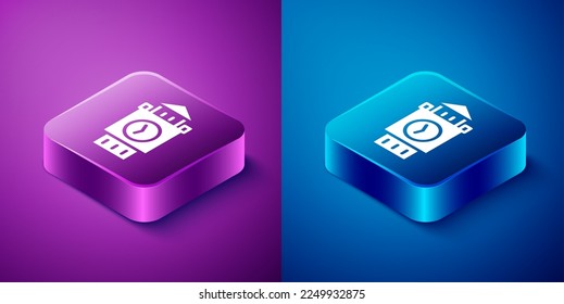 Isometric Big Ben tower icon isolated on blue and purple background. Symbol of London and United Kingdom. Square button. Vector