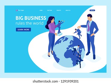 Isometric Big boss chooses small people and places them around the world. Website Template Landing page.